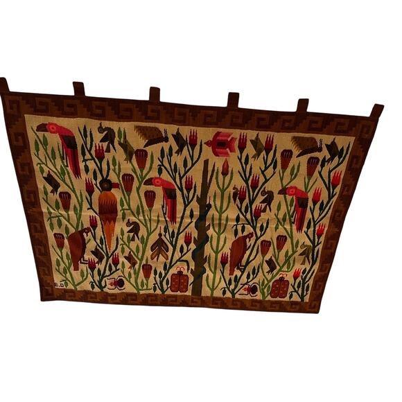 Handmade Wool Bird Forest Tapestry Wall Hanging Peru Folk Art 62 x 39 - Picture 2 of 11